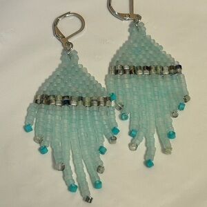 Frosted Aqua Fringe Beaded Earrings – 3.5”
